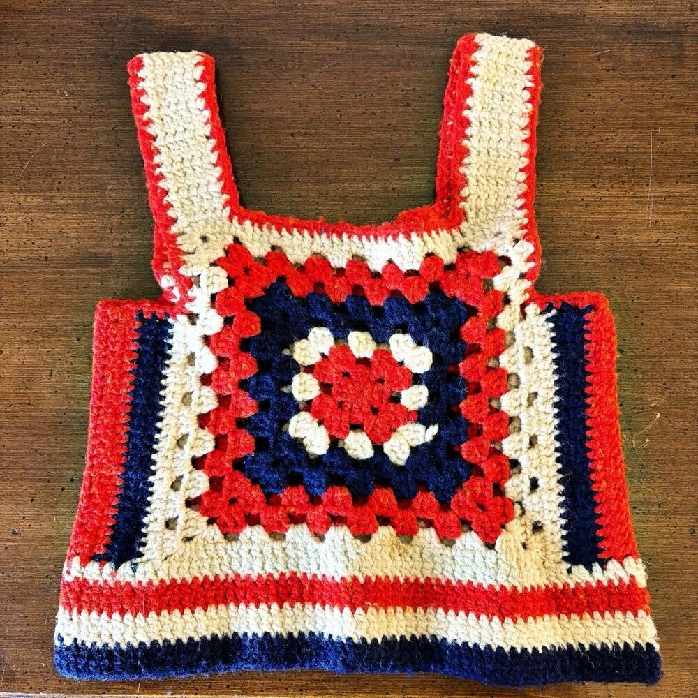 Vintage 70s Crochet Granny Square Sweater Vest Top Red White Blue Boho XS S